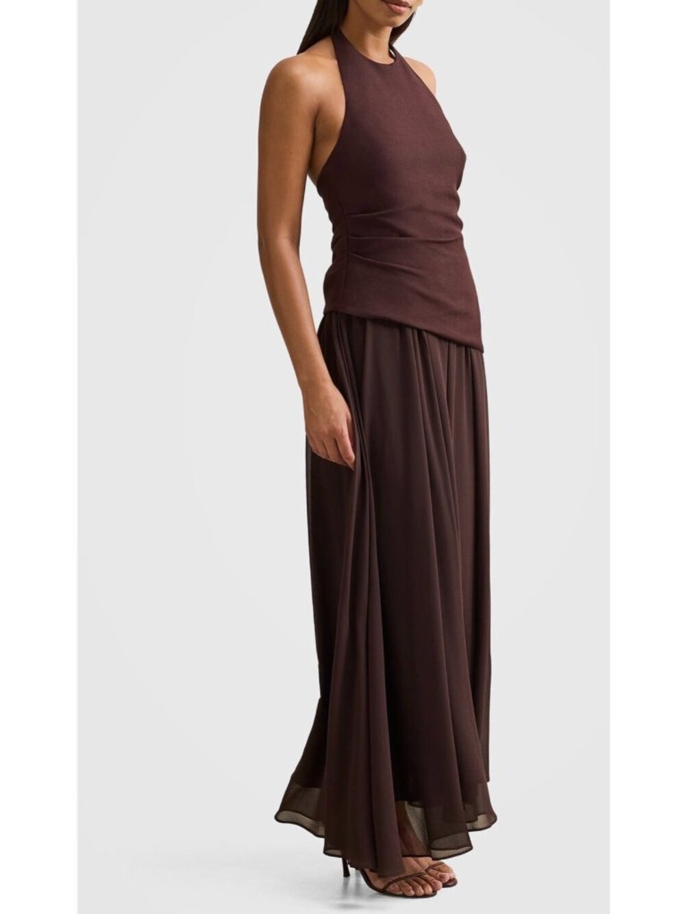 NWT Ever New Elise Linen Blend & brown Chiffon Halter Maxi Dress size 10